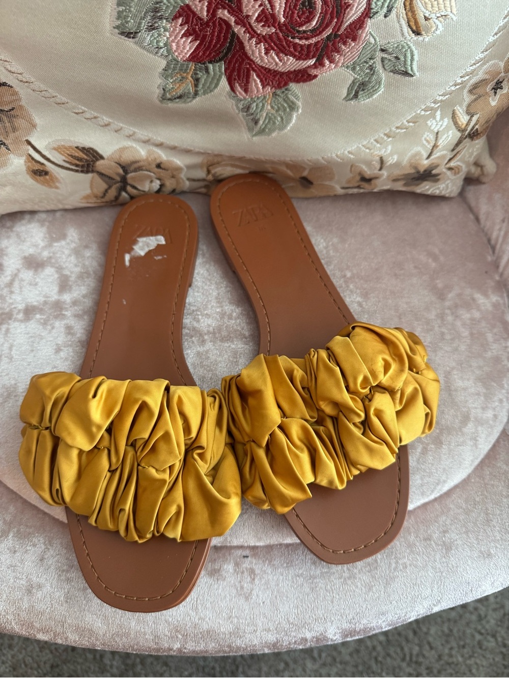 Zara Mustard Ruched Satin Slide Sandals